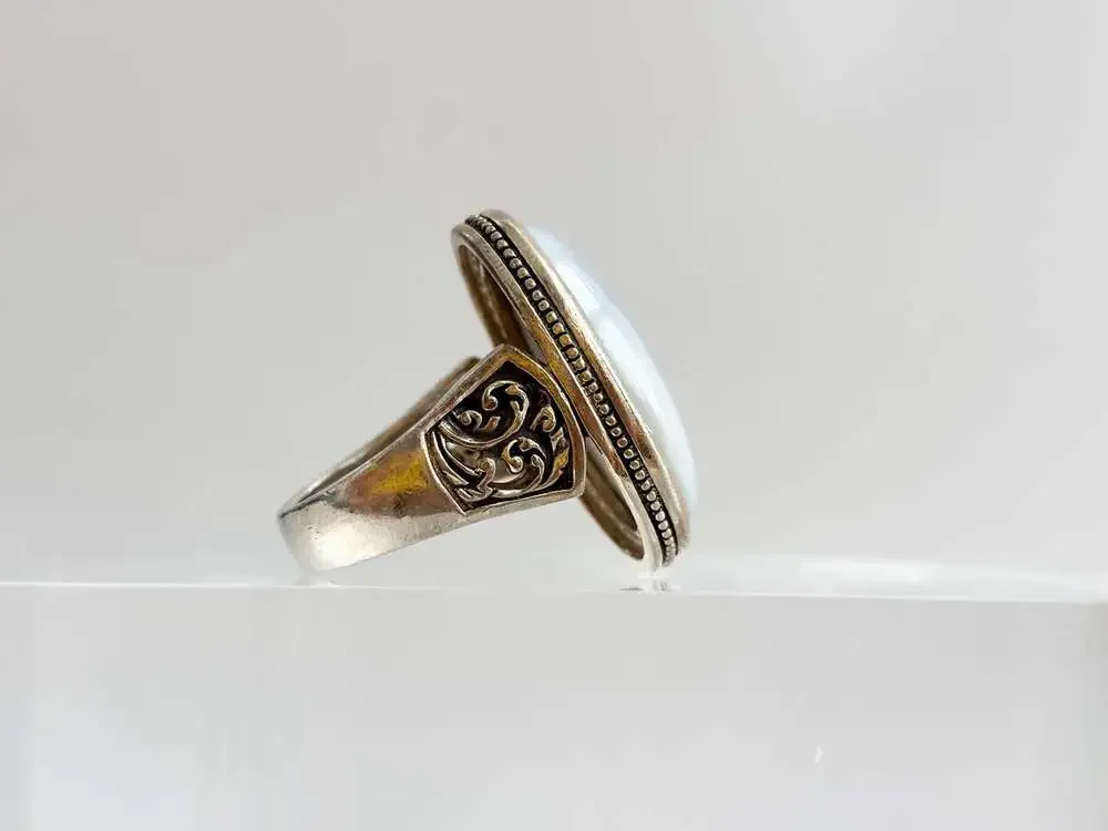 Grey Banded Agate Polished Cabochon Gemstone Sterling Silver 925 Vintage Ring -